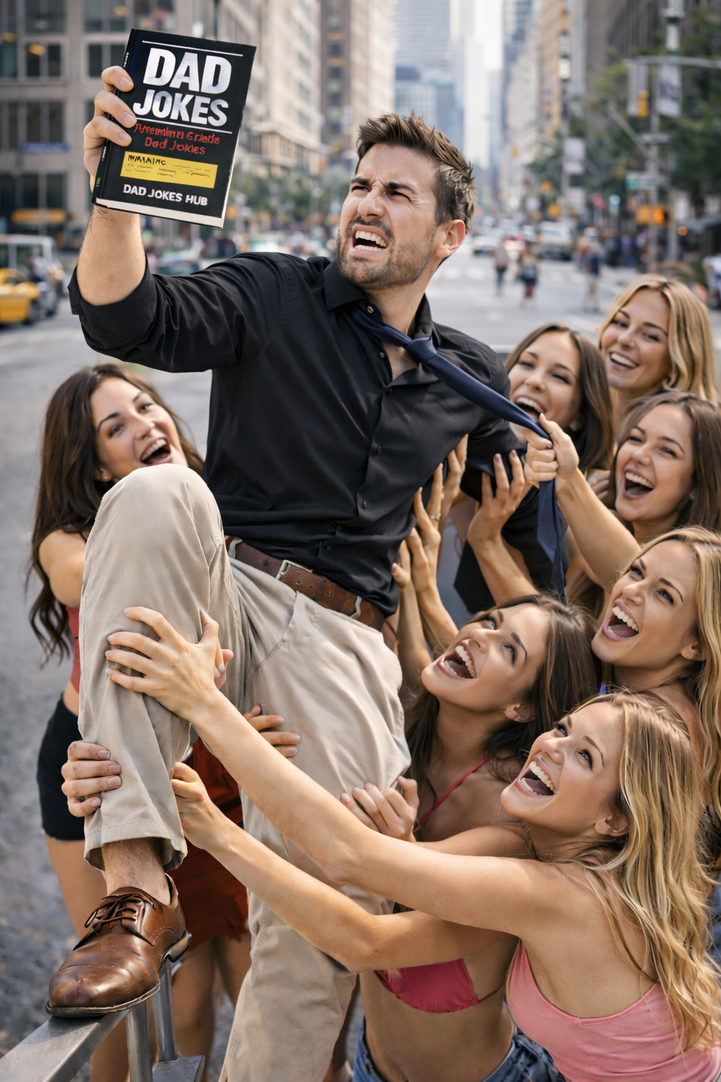Man holding a book titled 'Dad Jokes' surrounded by attractive women on a city street. Best Dad Joke Website for 2026. Best Dad Jokes. Dad Joke Book. Dad Joke. Best Dad Joke Book 2026.