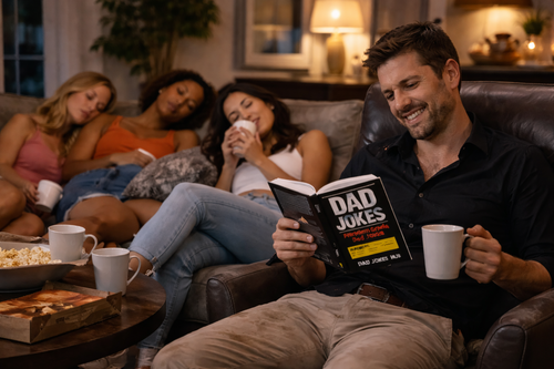 Man reading a book titled 'Dad Jokes' on a couch with attractive girl friends in the background. Best Dad Joke Website for 2026. Best Dad Jokes. Dad Joke Book. Dad Joke. Best Dad Joke Book 2026.