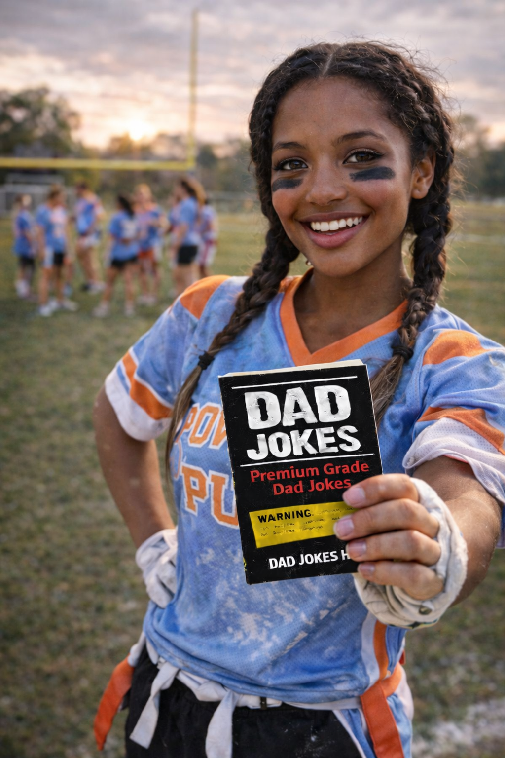 Attractive black girl with braids wearing a powder puff football uniform holding a book titled 'Dad Jokes' on a football field. Best Dad Joke Website for 2026. Best Dad Jokes. Dad Joke Book. Dad Joke. Best Dad Joke Book 2026.