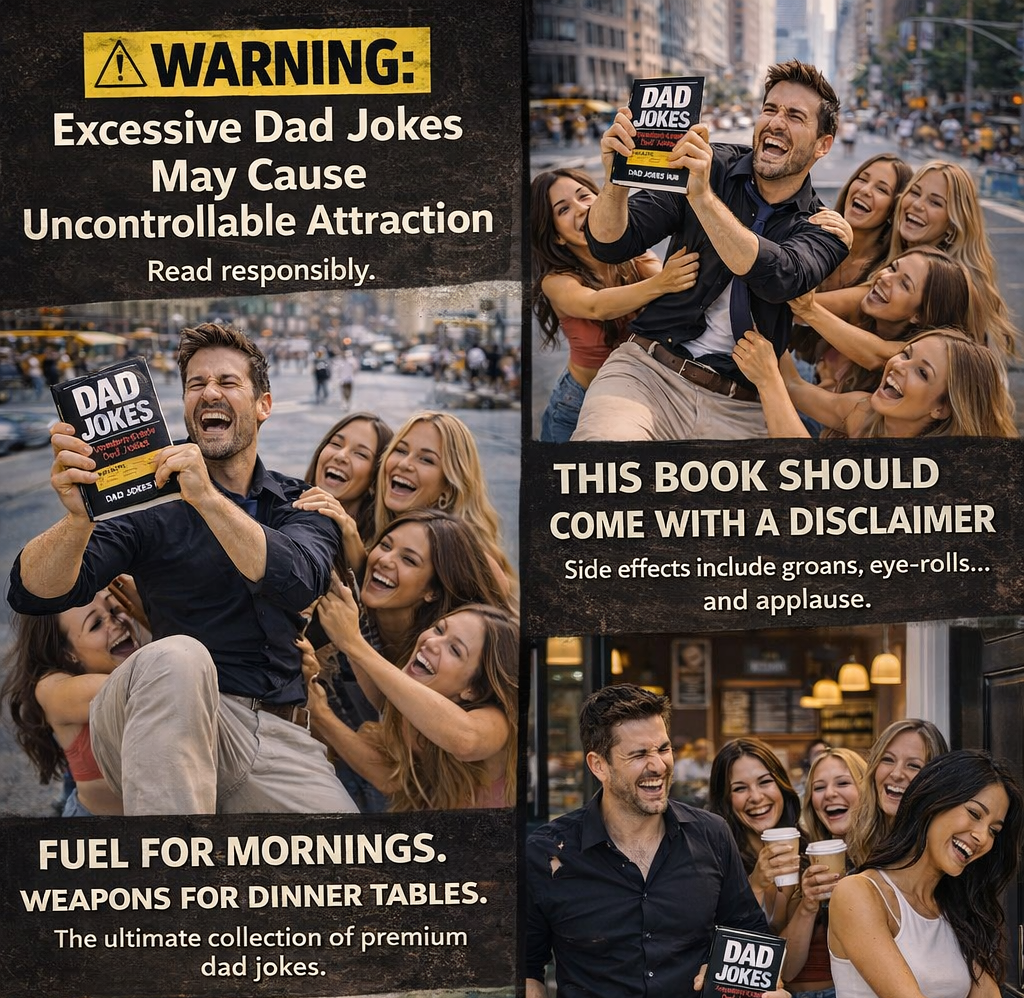 People holding a book titled 'Dad Jokes' with humorous text about its effects. Best Dad Joke Website for 2026. Best Dad Jokes. Dad Joke Book. Dad Joke. Best Dad Joke Book 2026.