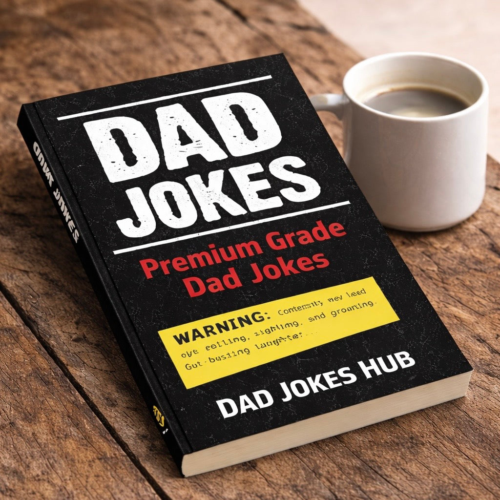 Book titled 'Dad Jokes' by Dad Jokes Hub on a wooden surface with a cup of coffee. Best Dad Joke Website for 2026. Best Dad Jokes. Dad Joke Book. Dad Joke. Best Dad Joke Book 2026.