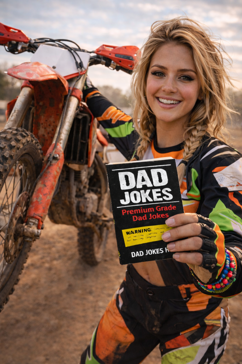 Hot blonde girl in motocross gear holding a book titled 'Dad Jokes' next to a dirt bike. Best Dad Joke Website for 2026. Best Dad Jokes. Dad Joke Book. Dad Joke. Best Dad Joke Book 2026.