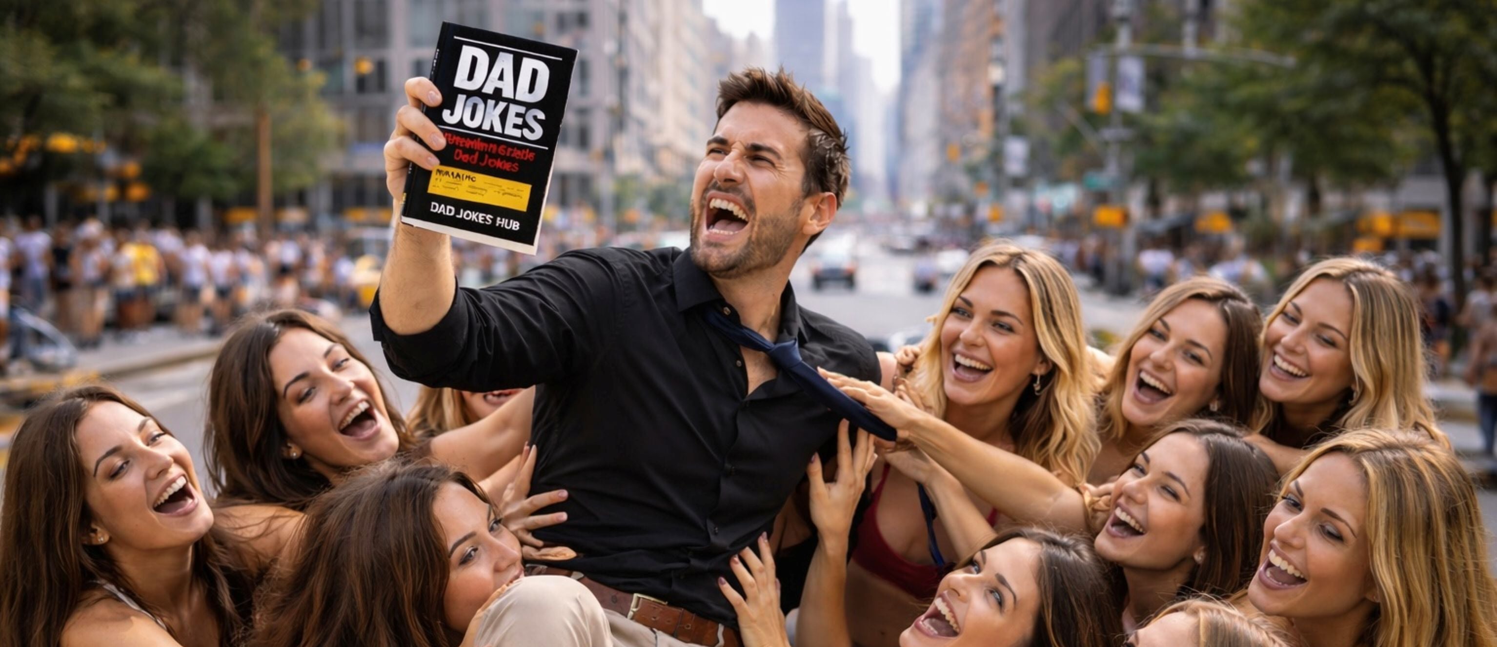 Man holding a book titled 'Dad Jokes' surrounded by women on a city street. Best Dad Joke Website for 2026. Best Dad Jokes. Dad Joke Book. Dad Joke. Best Dad Joke Book 2026.