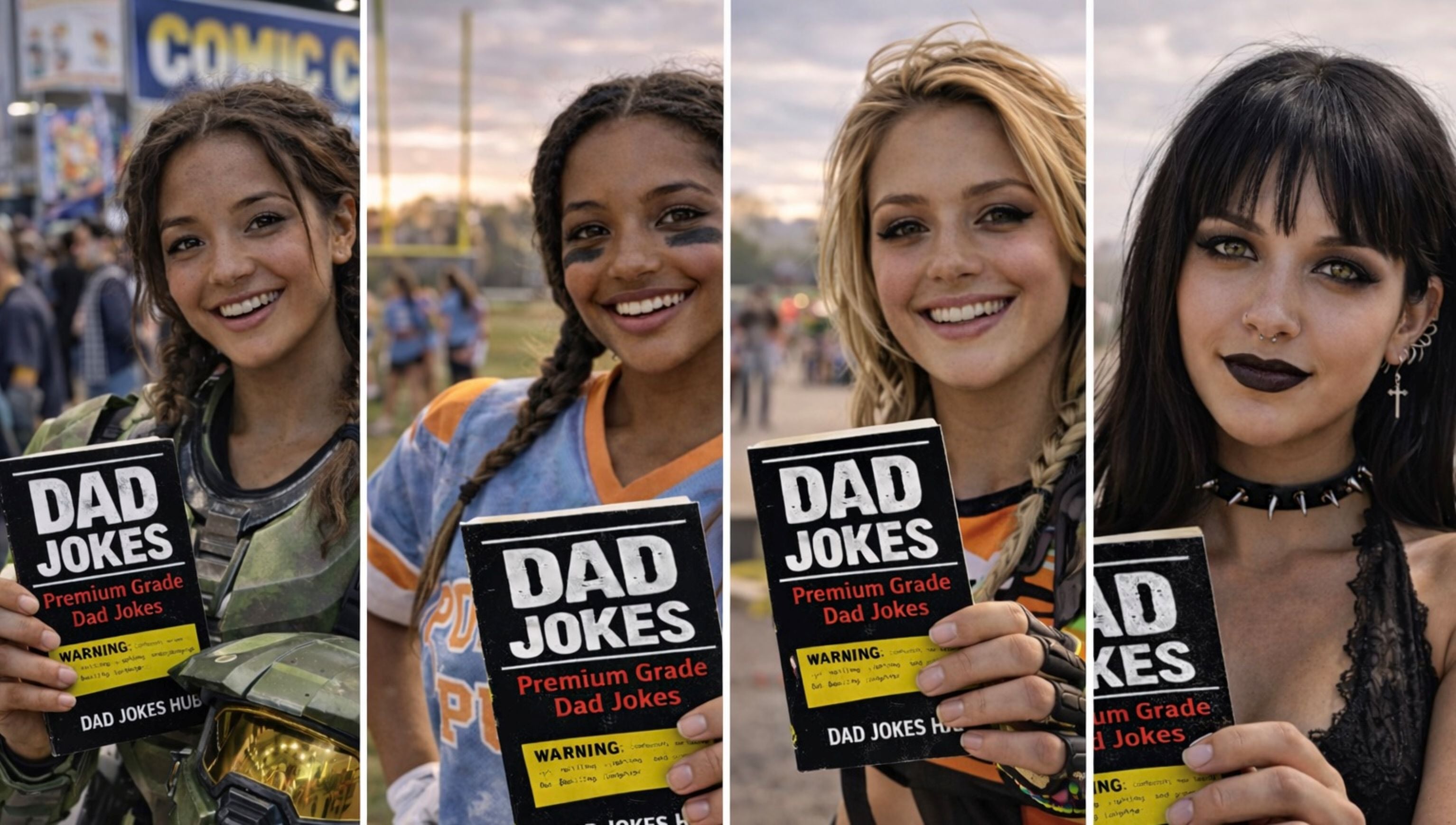 Four attractive women holding 'Dad Jokes' books with different backgrounds. Best Dad Joke Website for 2026. Best Dad Jokes. Dad Joke Book. Dad Joke. Best Dad Joke Book 2026.